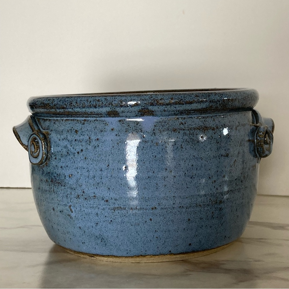 Blue Glazed Studio Pottery Bowl With Handles